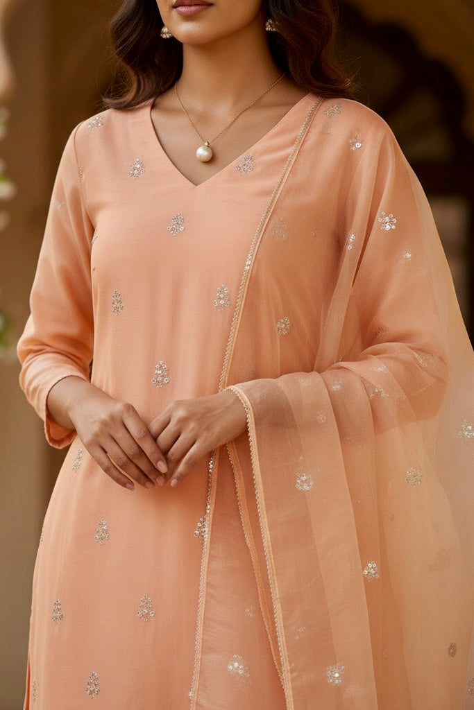 Woman wearing a peach-colored traditional outfit with a sheer dupatta. Product by Umaid Couture