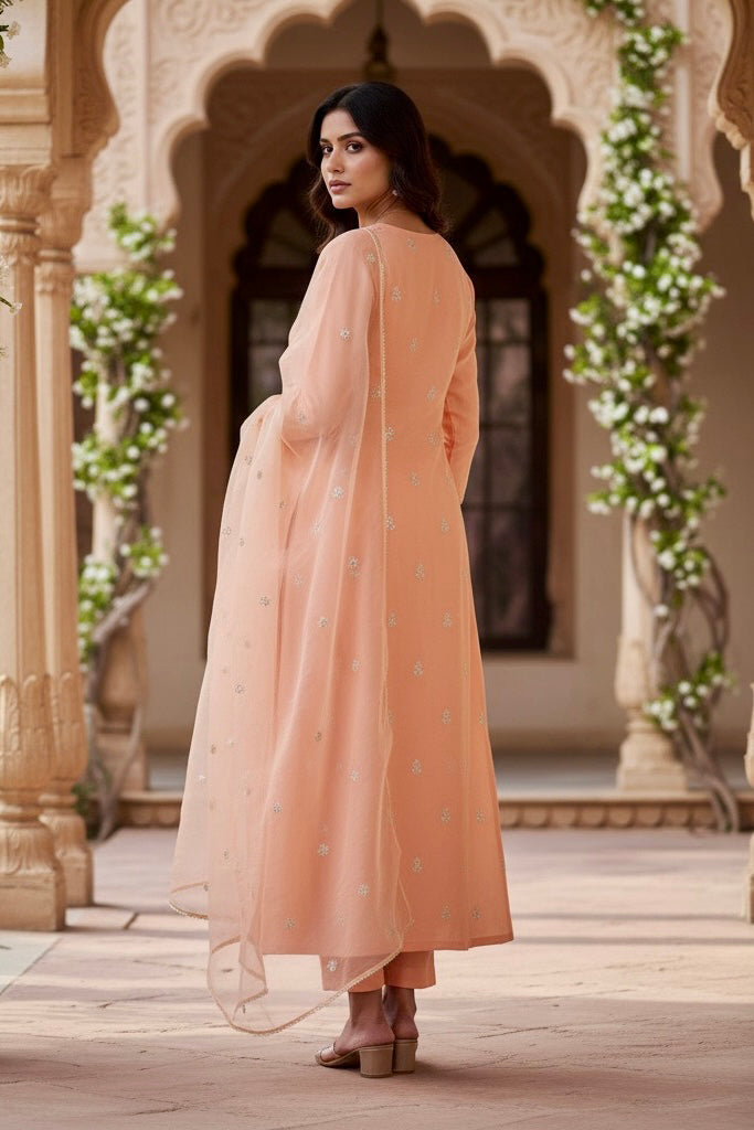 Woman in a peach traditional kurta standing in an ornate outdoor setting with floral decorations. Product by Umaid Couture