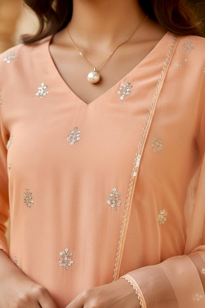 Close-up of a peach-colored outfit with floral embroidery and a pearl necklace. Product by Umaid Couture