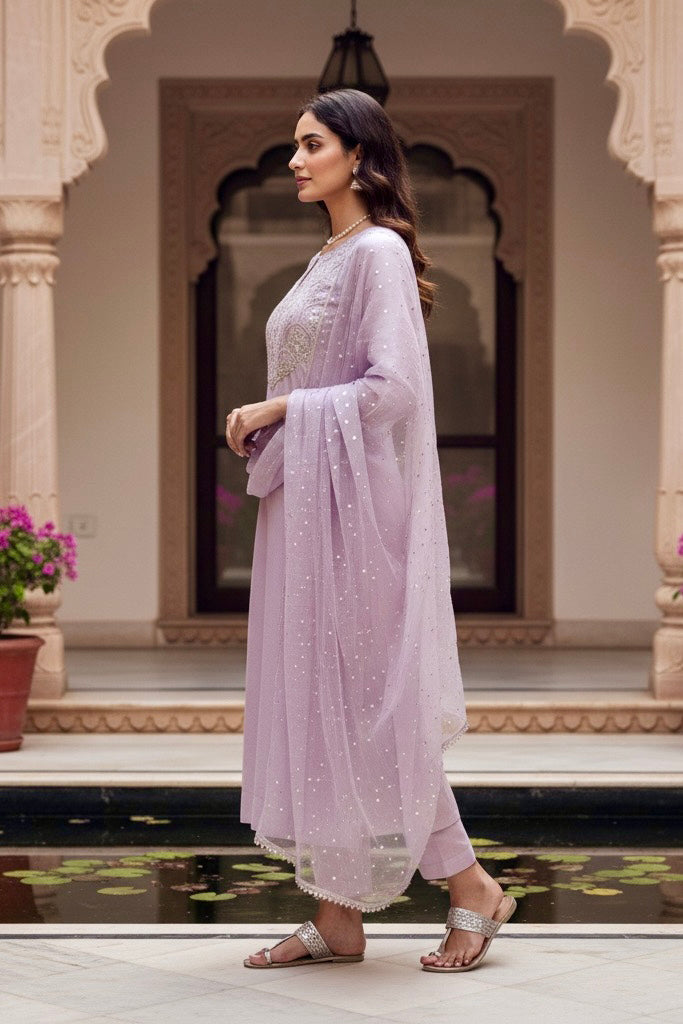 Woman in a light purple traditional outfit standing in front of an architectural background. Product by Umaid Couture