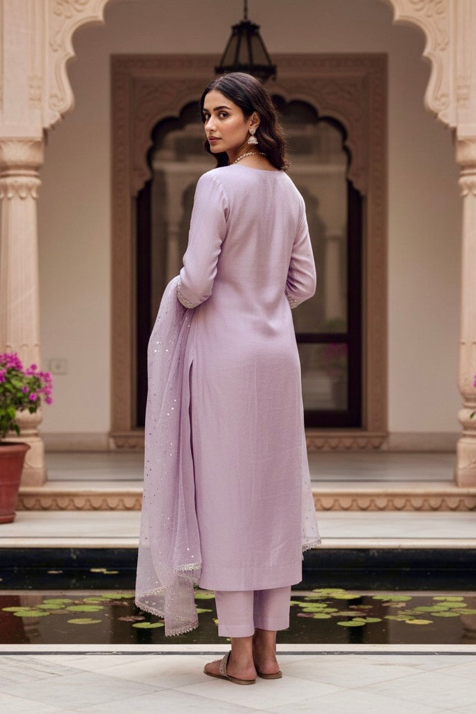 Woman in a light purple traditional outfit standing in an elegant indoor setting. Product by Umaid Couture