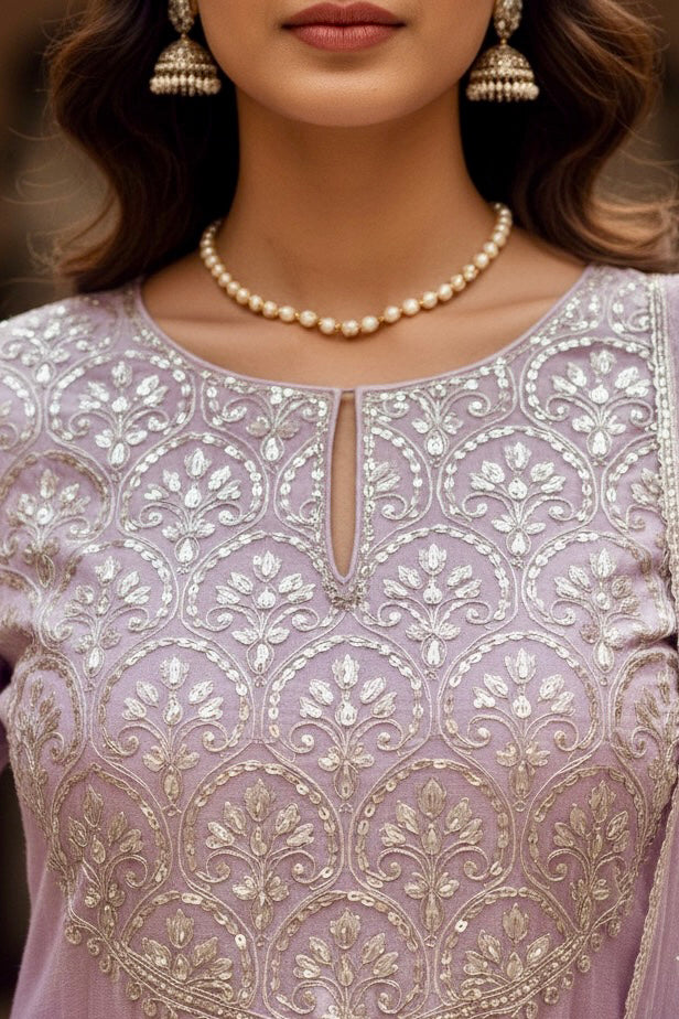 Close-up of a person wearing a lavender embroidered outfit with gold detailing, pearl necklace, and earrings. Product by Umaid Couture