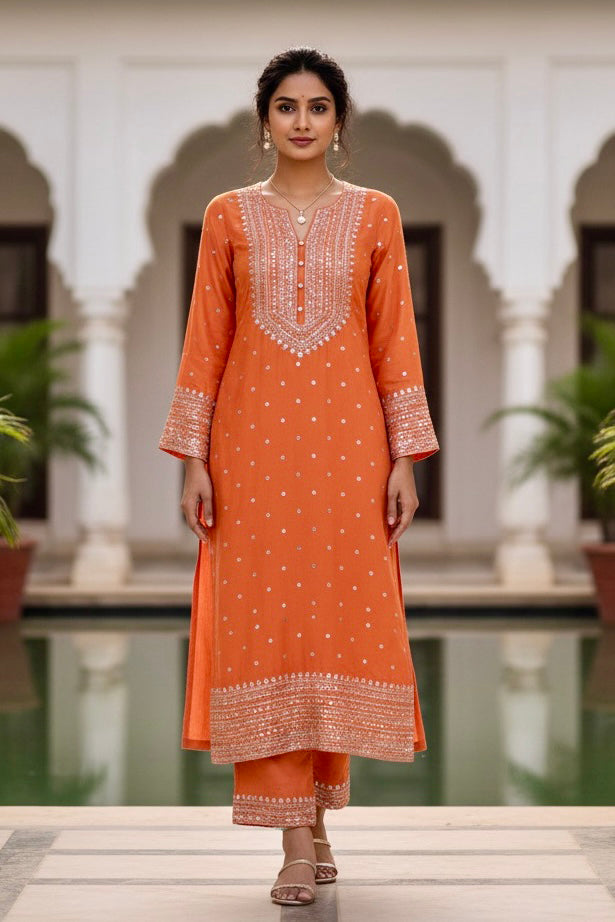 Woman wearing an orange traditional outfit with white patterns in a decorative setting. Product by Umaid Couture
