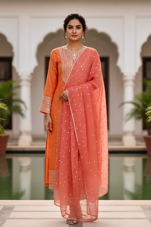 Woman in traditional orange and pink outfit standing in a decorative setting with plants and arches. Product by Umaid Couture