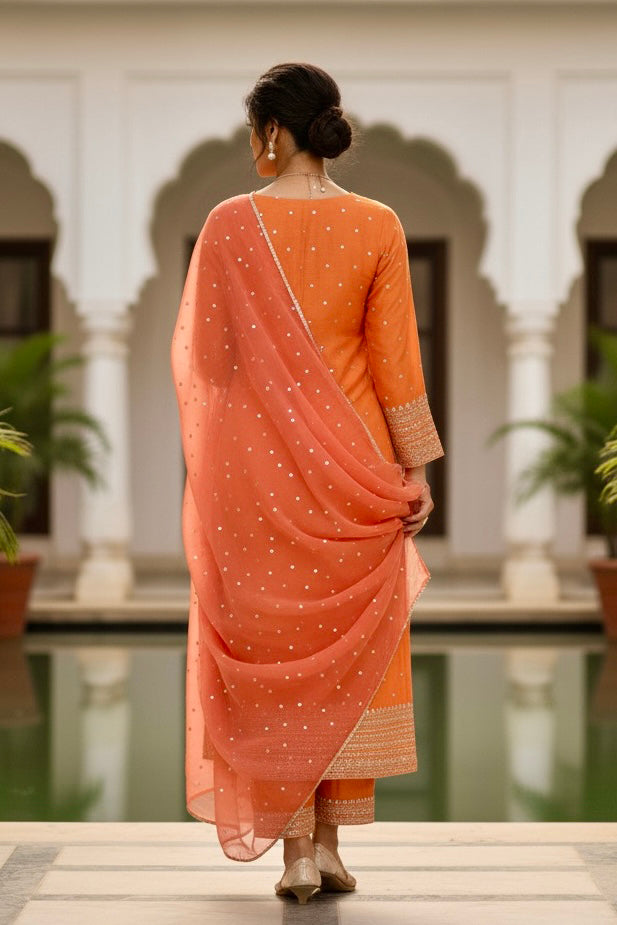 Woman in an orange traditional outfit with a pink dupatta standing in front of a classical architecture building. Product by Umaid Couture