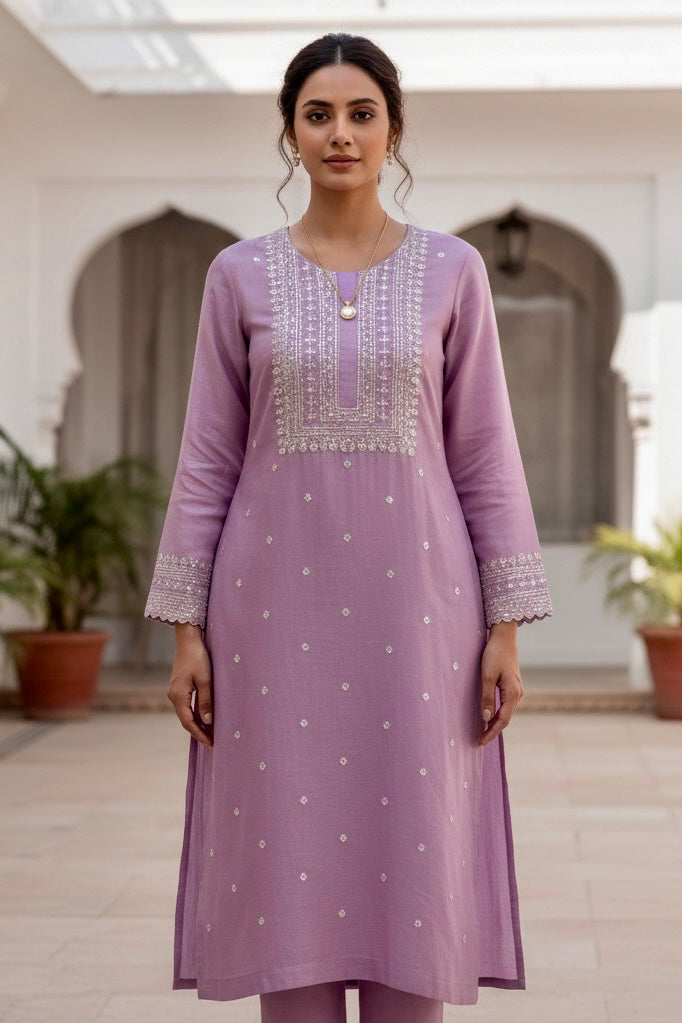 Woman wearing a light purple embroidered kurta in an indoor setting with plants. Product by Umaid Couture
