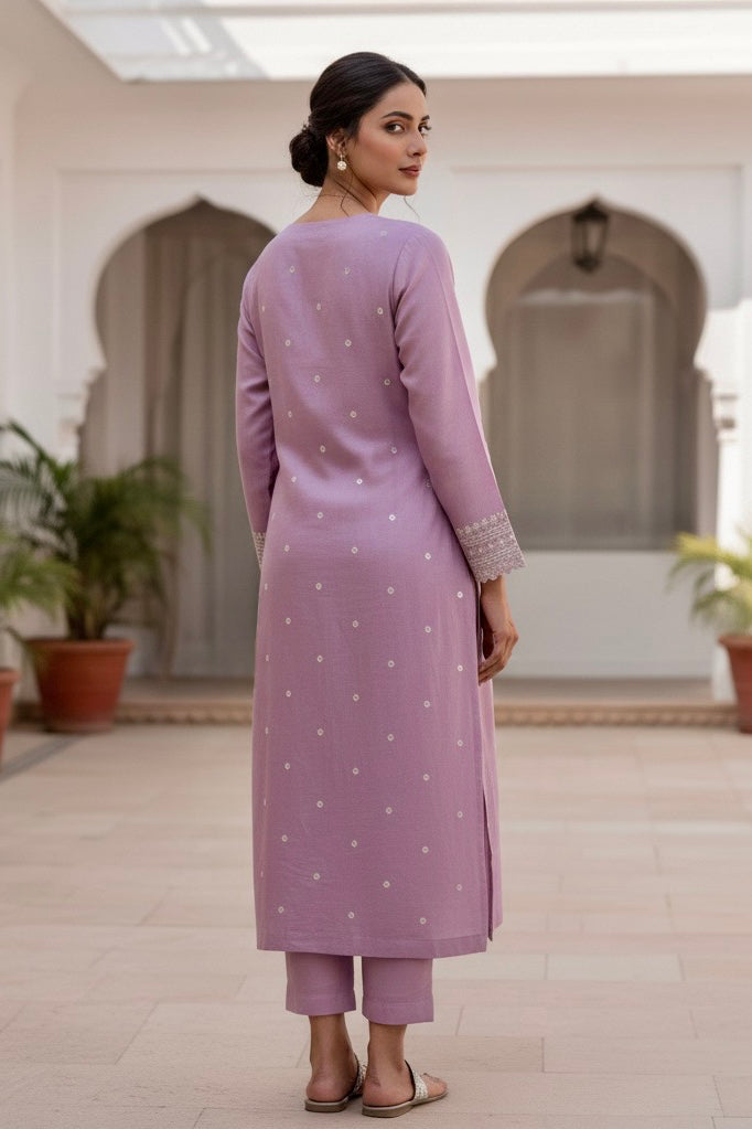 Woman wearing a lavender traditional outfit with white patterns in an indoor setting. Product by Umaid Couture