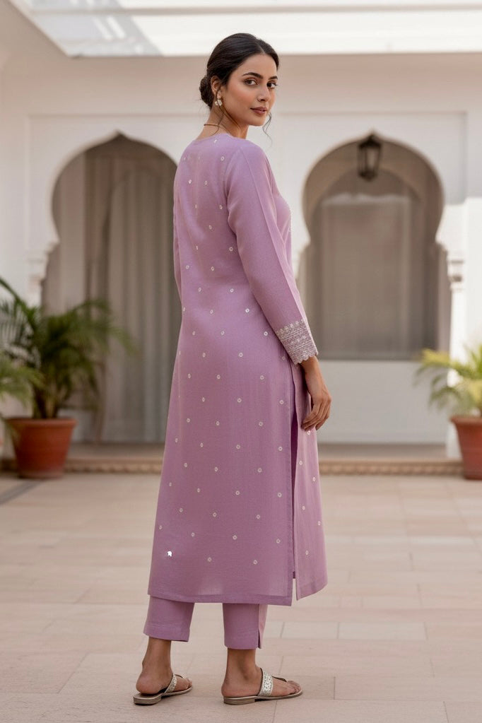 Woman wearing a light purple kurta with white polka dots in an indoor setting. Product by Umaid Couture