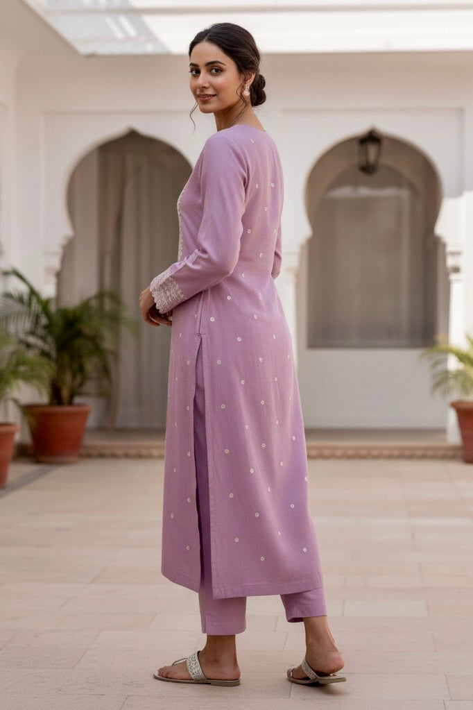 Woman in a light purple traditional outfit standing in a well-lit indoor setting with arches and plants. Product by Umaid Couture