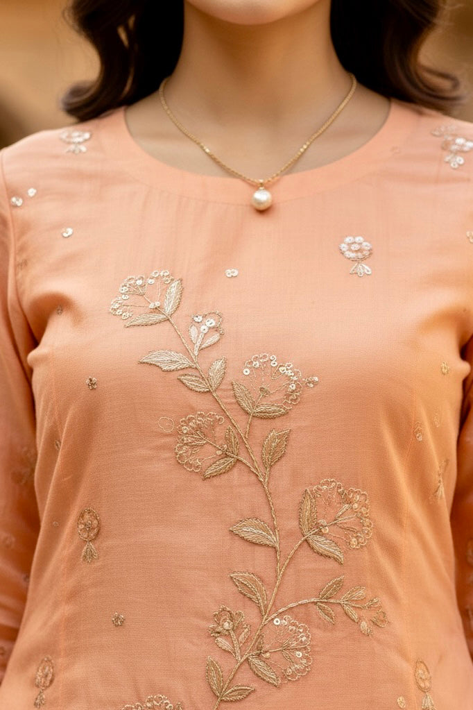 Close-up of a peach-colored top with floral embroidery and a pearl necklace. Product by Umaid Couture