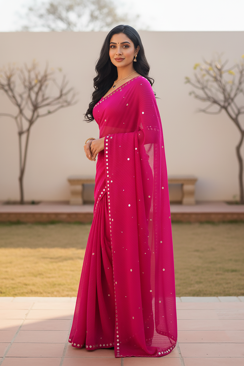 Woman wearing a bright pink lehriya saree by Umaid Couture with a silver Gota border outdoors.