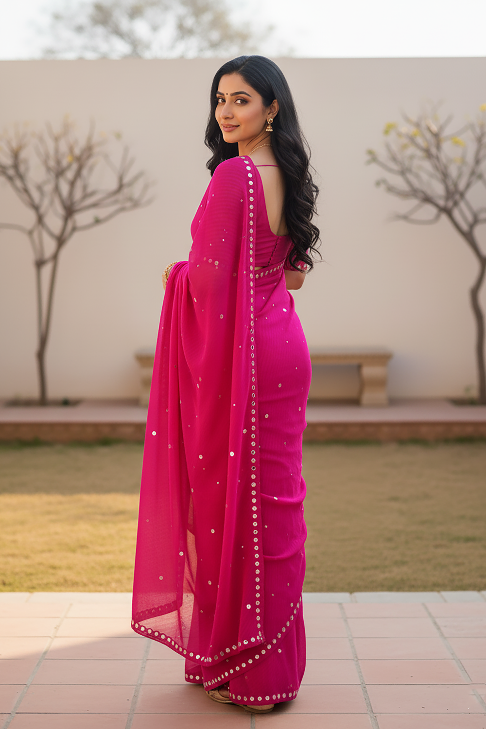 Woman wearing a bright pink lehriya saree by Umaid Couture with a silver Gota border outdoors.