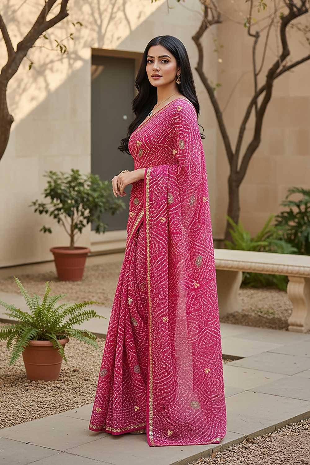 Woman in a pink Bandhej saree by Umaid Couture with Gota motifs standing outdoors with plants and a bench in the background