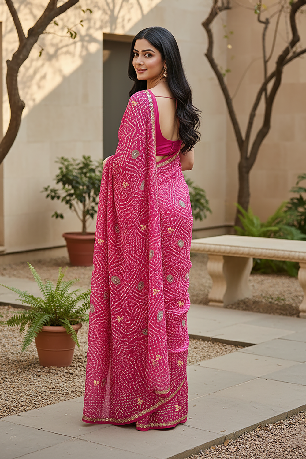 Woman in a pink Bandhej saree by Umaid Couture with Gota motifs standing outdoors with plants and a bench in the background