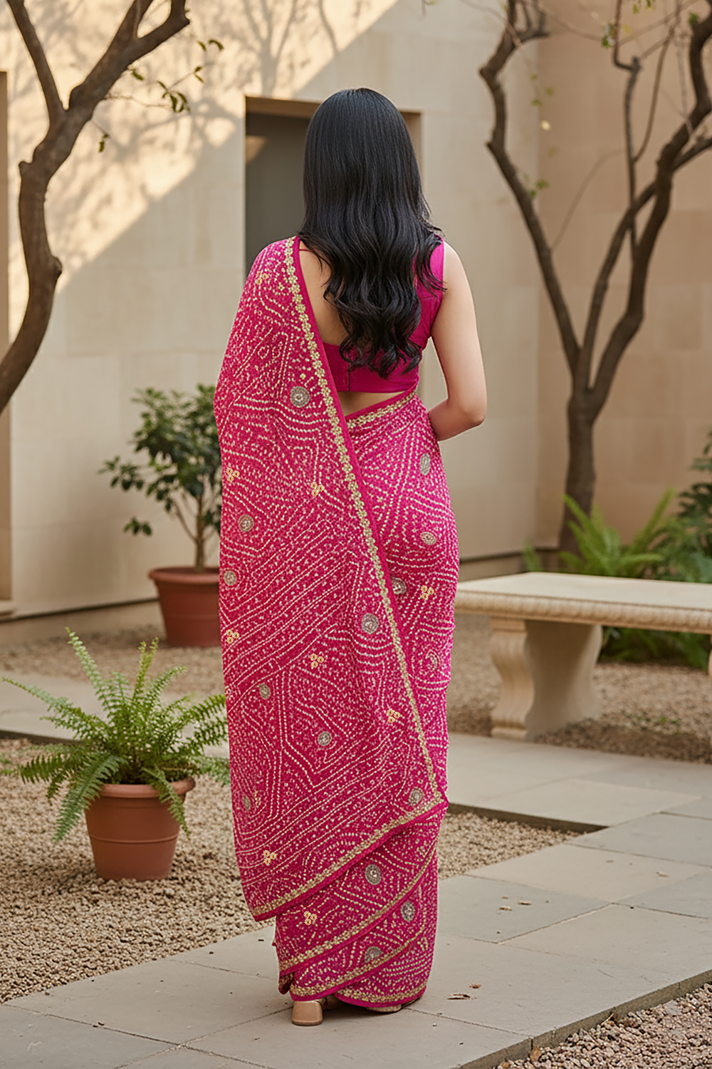 Woman in a pink Bandhej saree by Umaid Couture with Gota motifs standing outdoors with plants and a bench in the background
