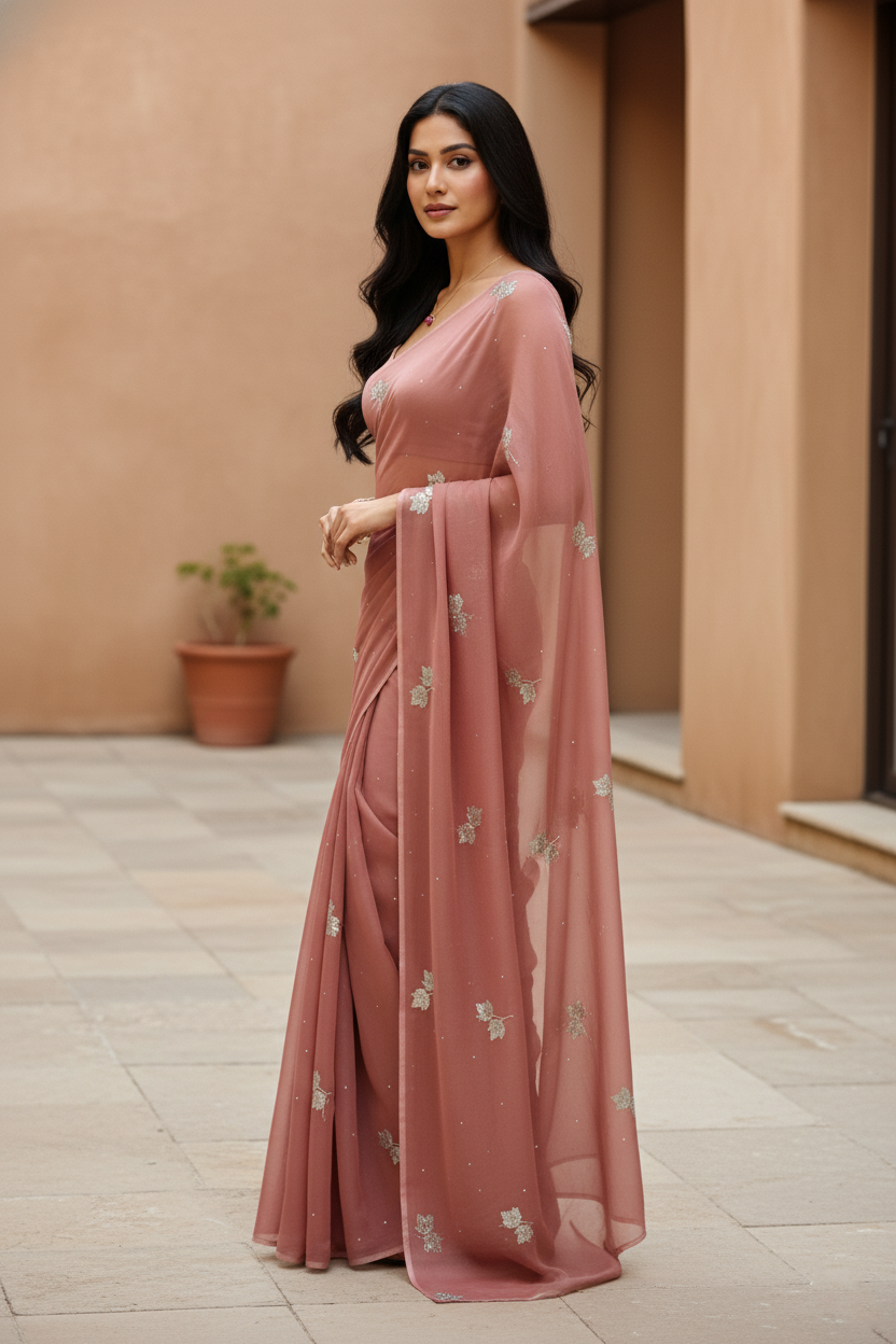 Woman in a Off-Bronze Art Drape Saree saree by Umaid Couture standing against a beige wall.