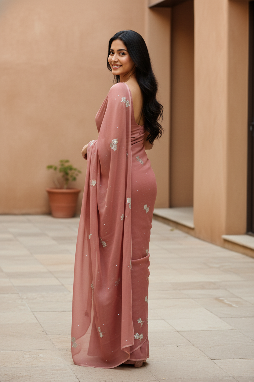 Woman in a Off-Bronze Art Drape Saree saree by Umaid Couture standing against a beige wall.