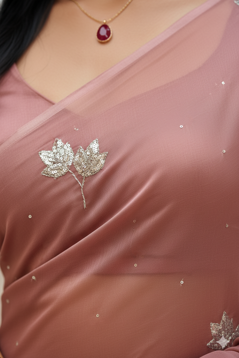 Close-up of a off-bronze saree with silver leaf brooch and necklace with red gemstone.