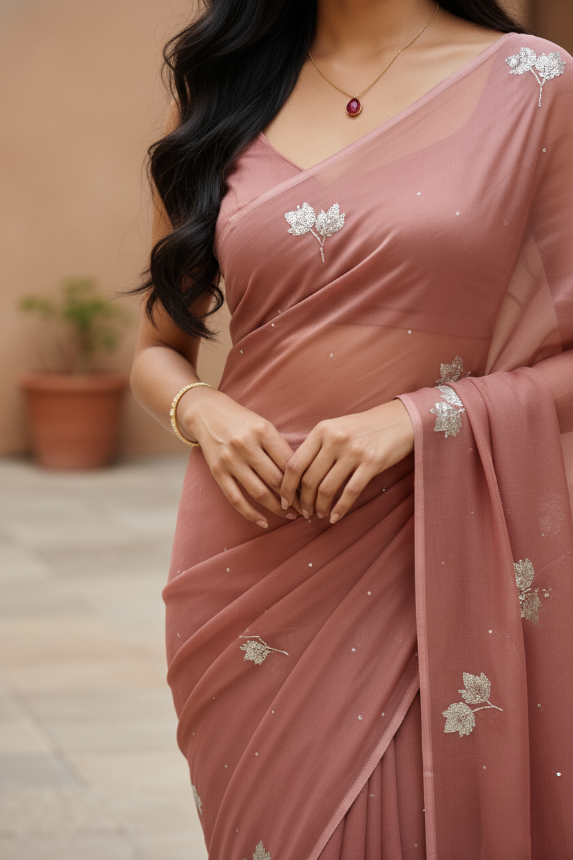 Woman in a Off-Bronze Art Drape Saree saree by Umaid Couture.