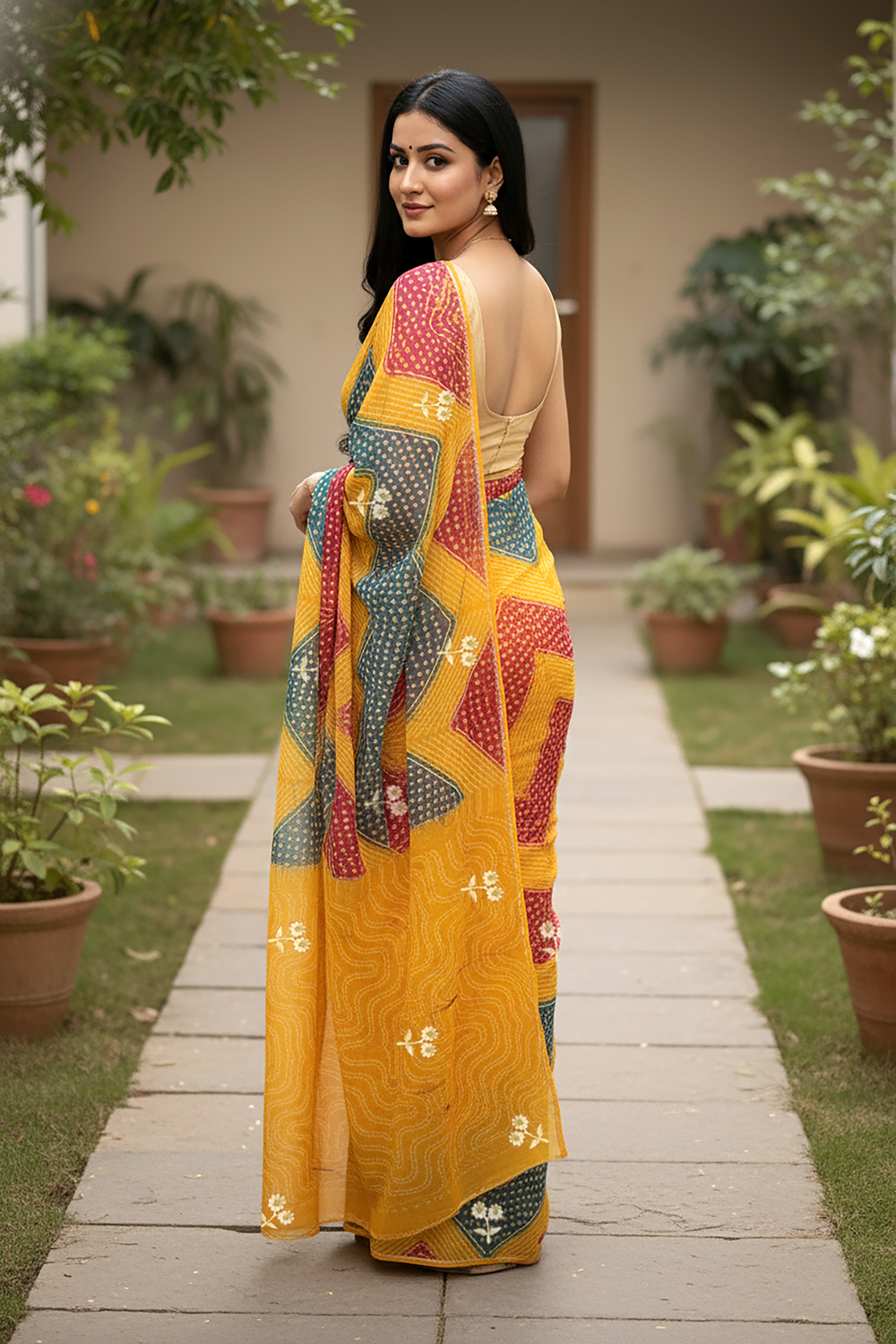 Woman in a colorful Bandhej Georgette Saree  by Umaid Couture standing on a garden path with plants around.