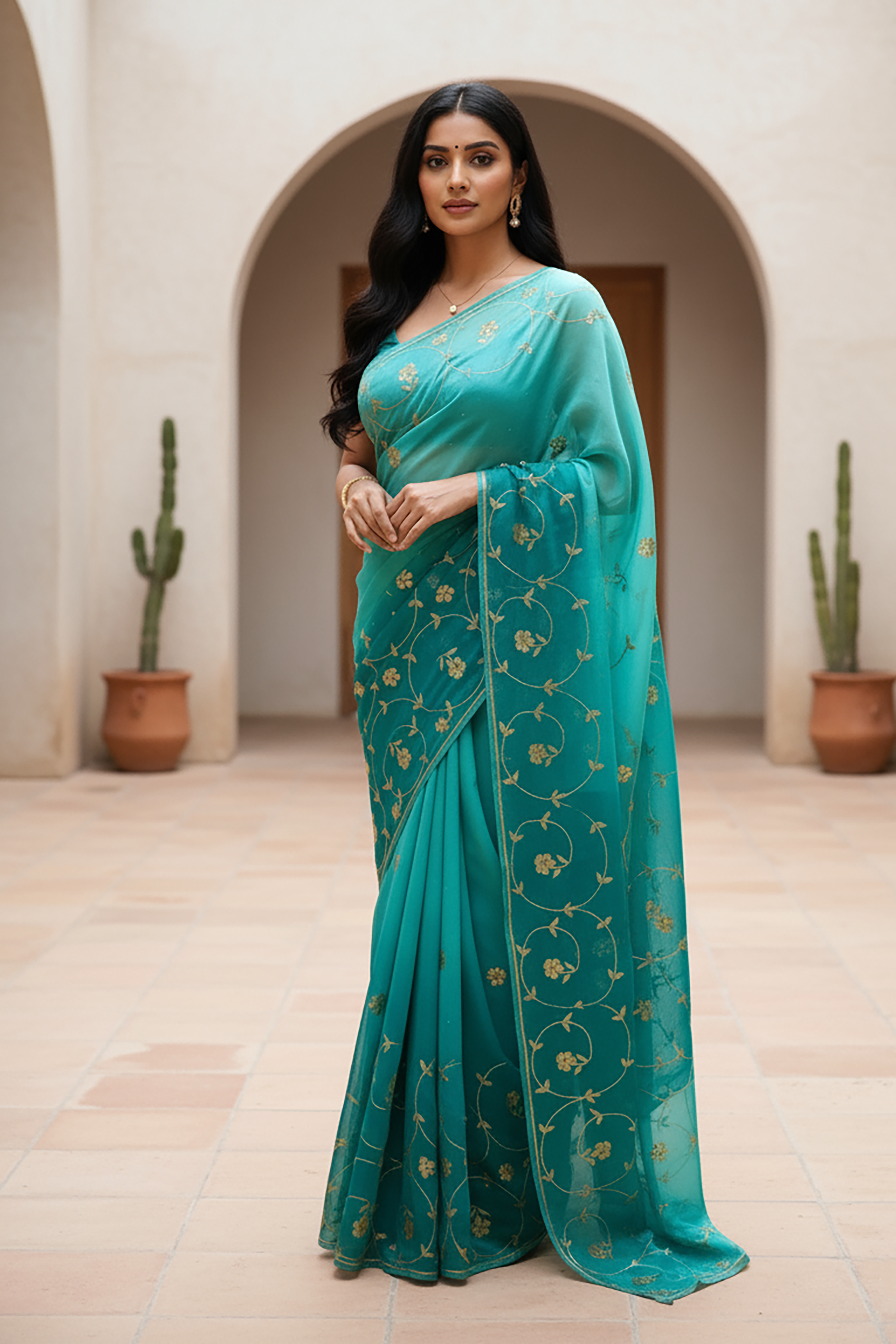 Woman wearing a teal saree by Umaid Couture with gold patterns in an indoor setting.