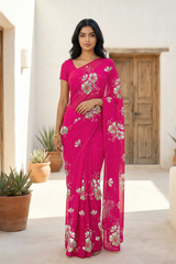 Model wearing a Pink Kusum Mulberry Silk  Chiffon saree embellished with Gota-Sequins Motifs by Umaid Couture