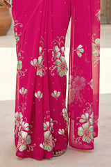 Model wearing a Pink Kusum Mulberry Silk  Chiffon saree embellished with Gota-Sequins Motifs by Umaid Couture