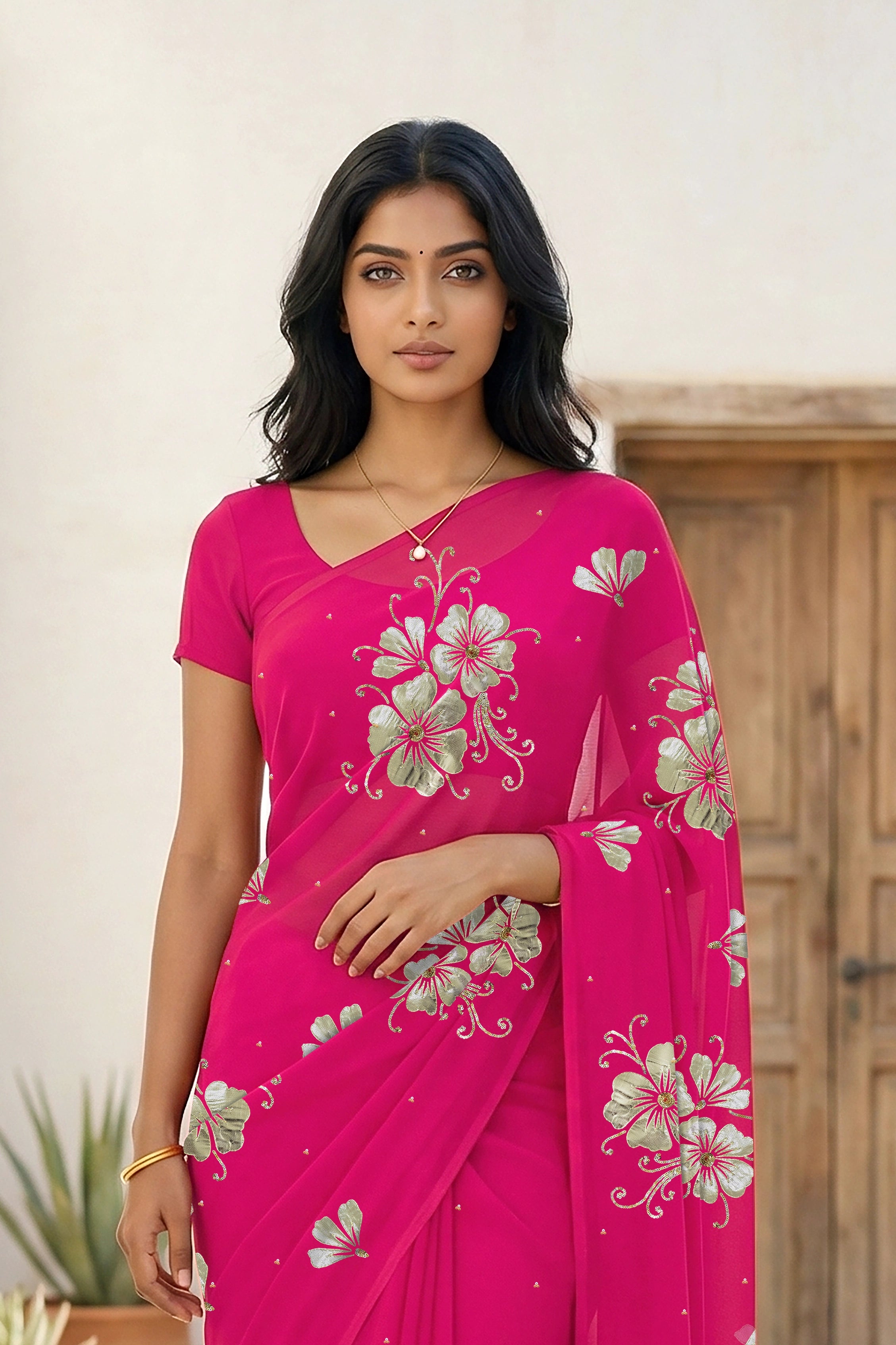 Model wearing a Pink Kusum Mulberry Silk  Chiffon saree embellished with Gota-Sequins Motifs by Umaid Couture