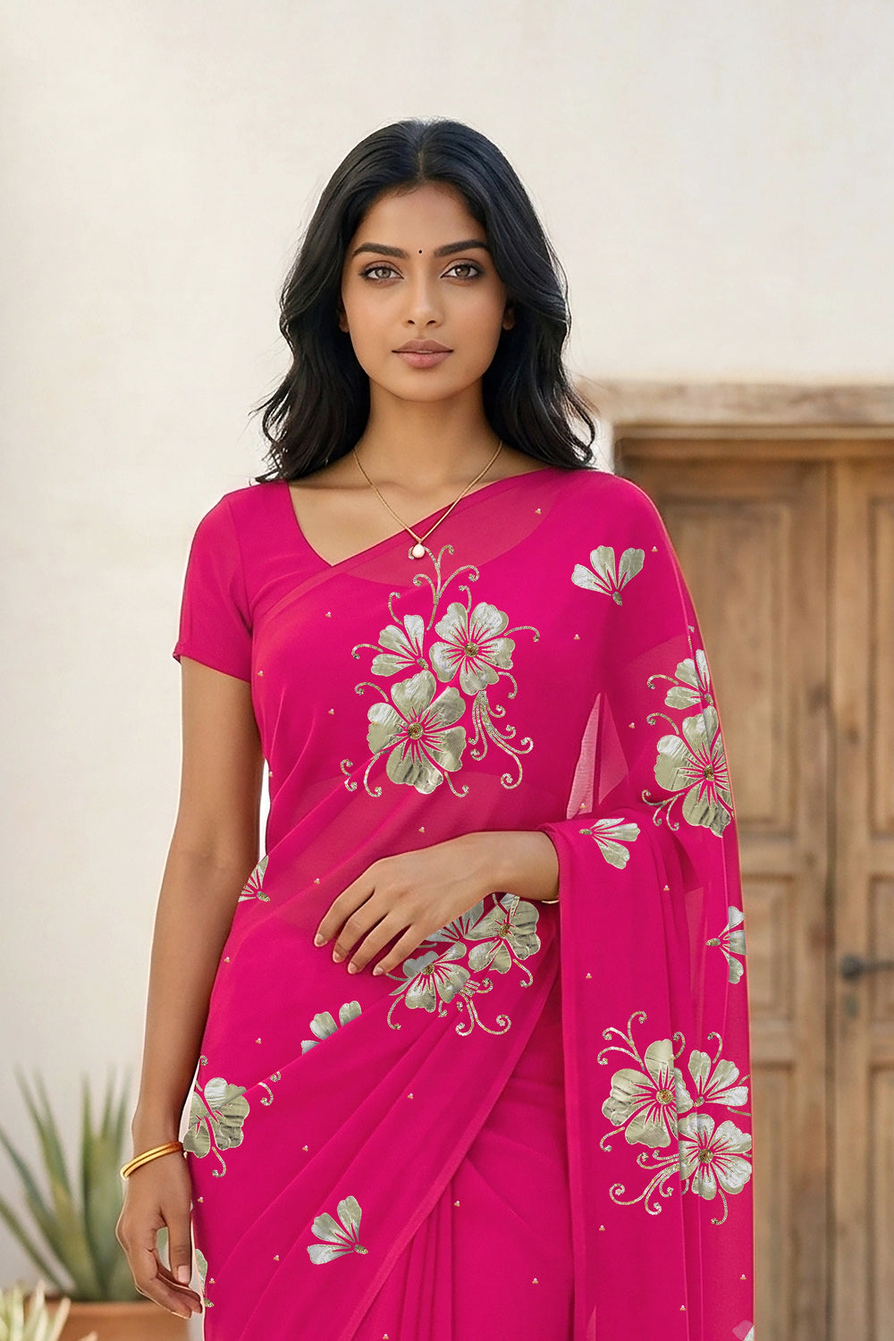 Model wearing a Pink Kusum Mulberry Silk  Chiffon saree embellished with Gota-Sequins Motifs by Umaid Couture