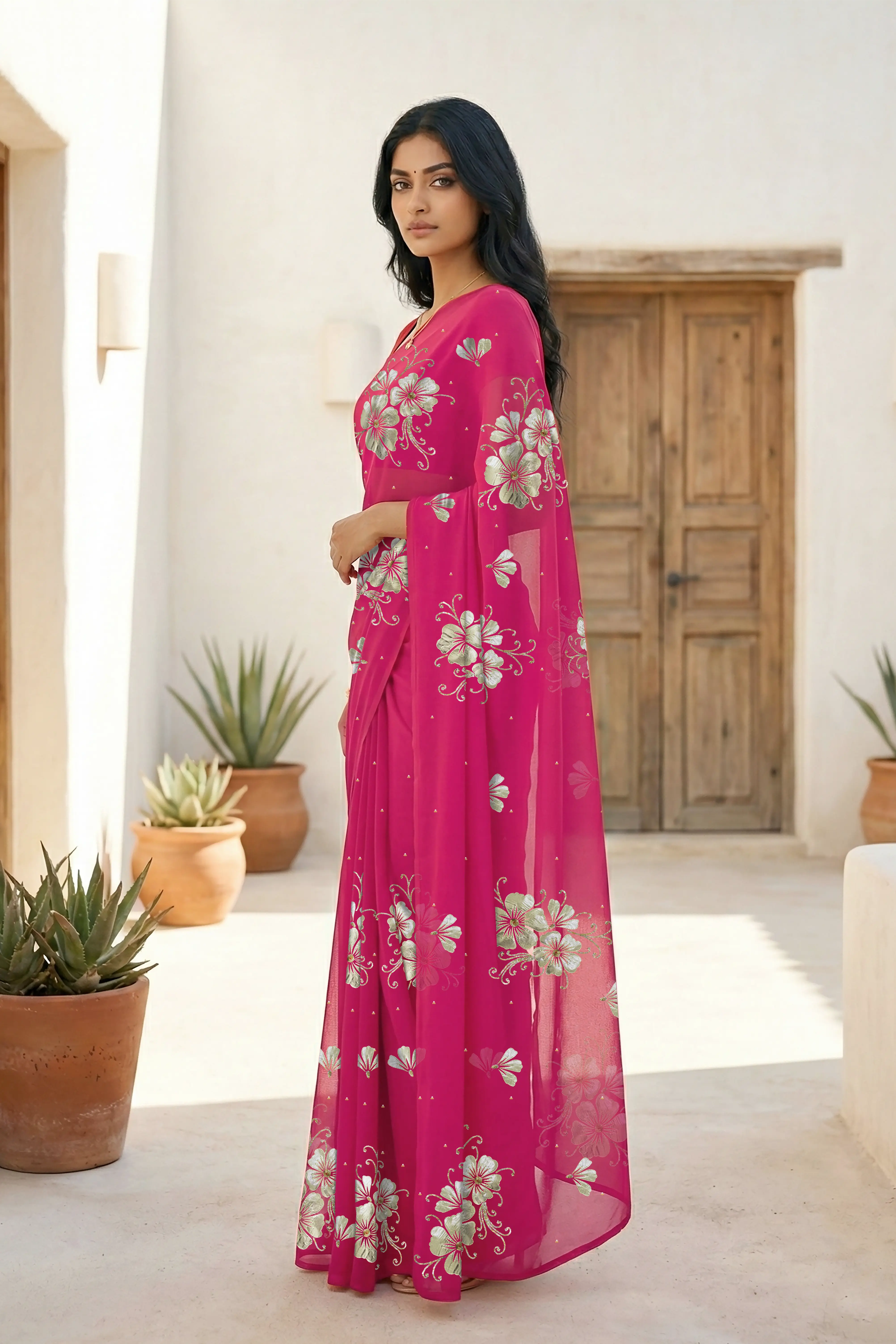 Model wearing a Pink Kusum Mulberry Silk  Chiffon saree embellished with Gota-Sequins Motifs by Umaid Couture