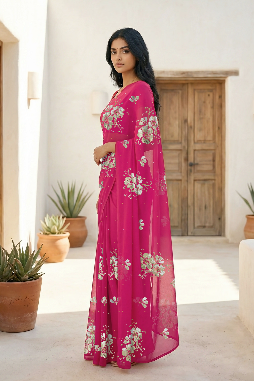 Model wearing a Pink Kusum Mulberry Silk  Chiffon saree embellished with Gota-Sequins Motifs by Umaid Couture