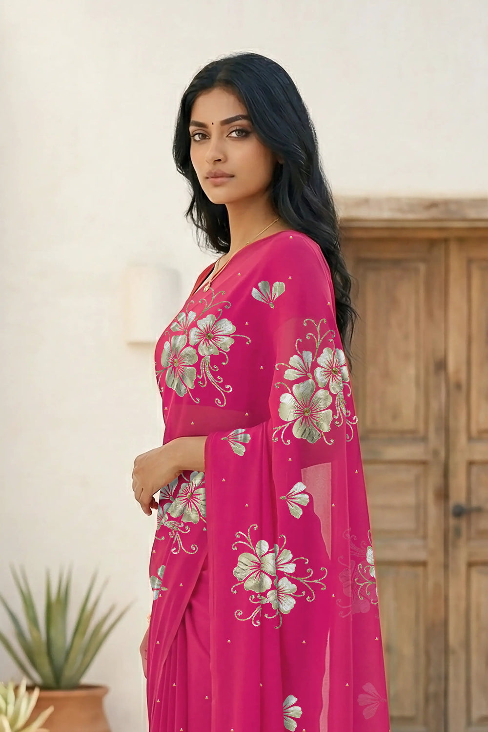 Model wearing a Pink Kusum Mulberry Silk  Chiffon saree embellished with Gota-Sequins Motifs by Umaid Couture