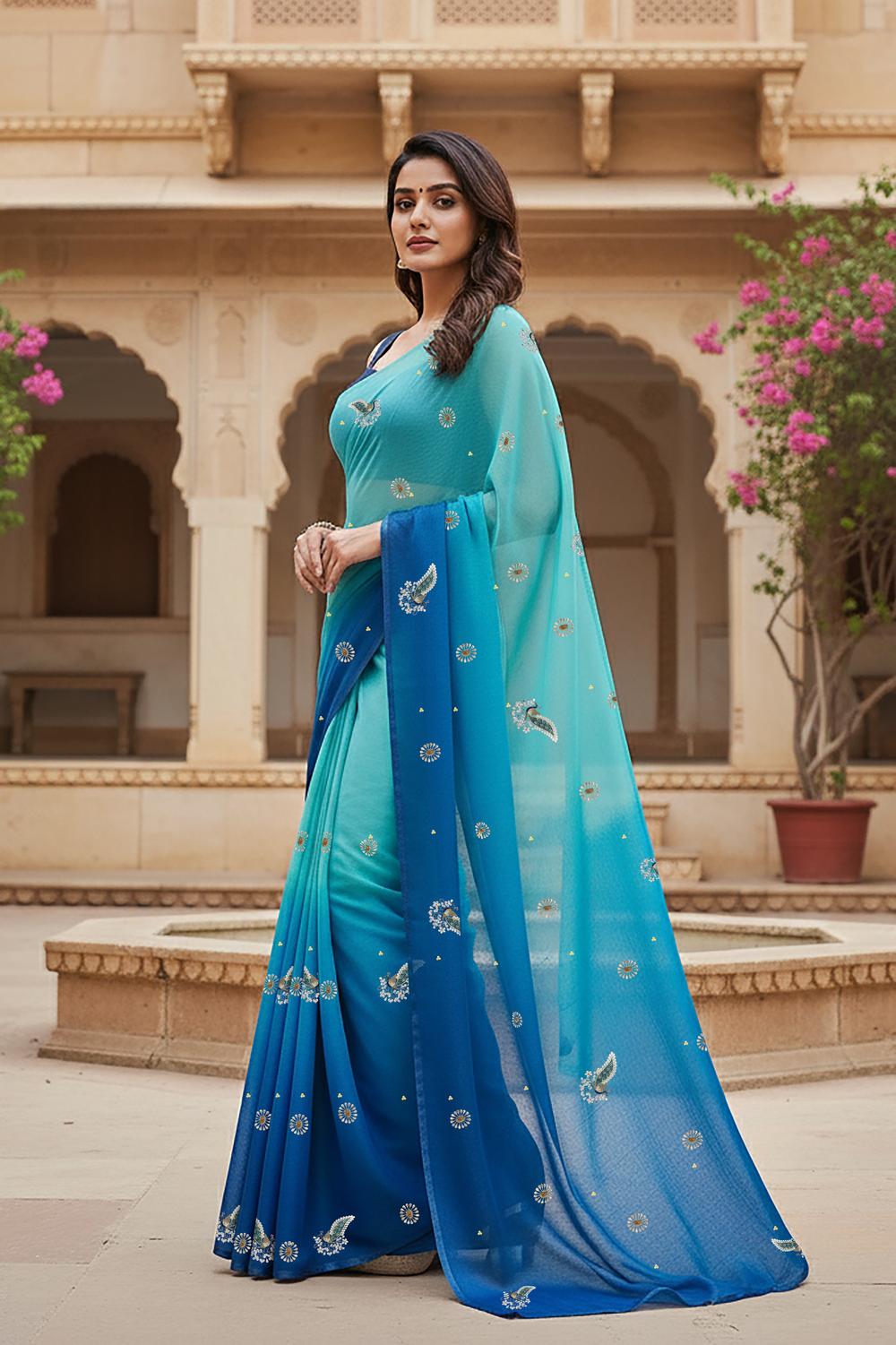 Woman standing in front of an architectural background wearing a gradient Blue saree embellished with Peacock motifs by Umaid Couture