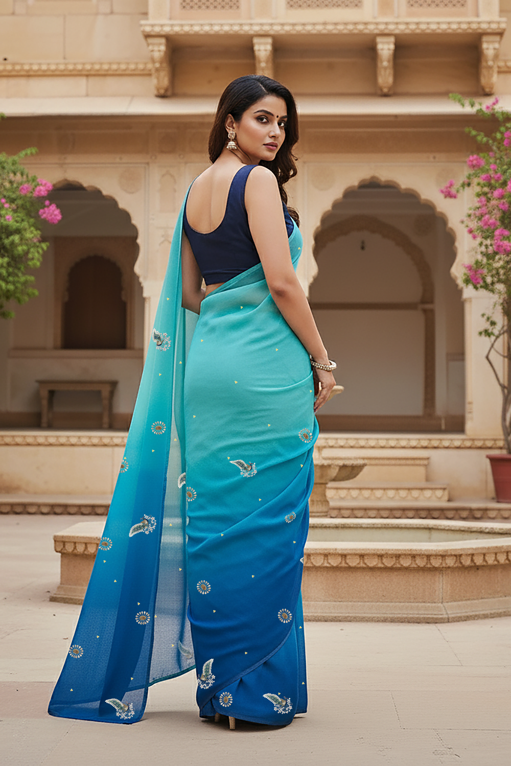 Woman standing in front of an architectural background wearing a gradient Blue saree embellished with Peacock motifs by Umaid Couture