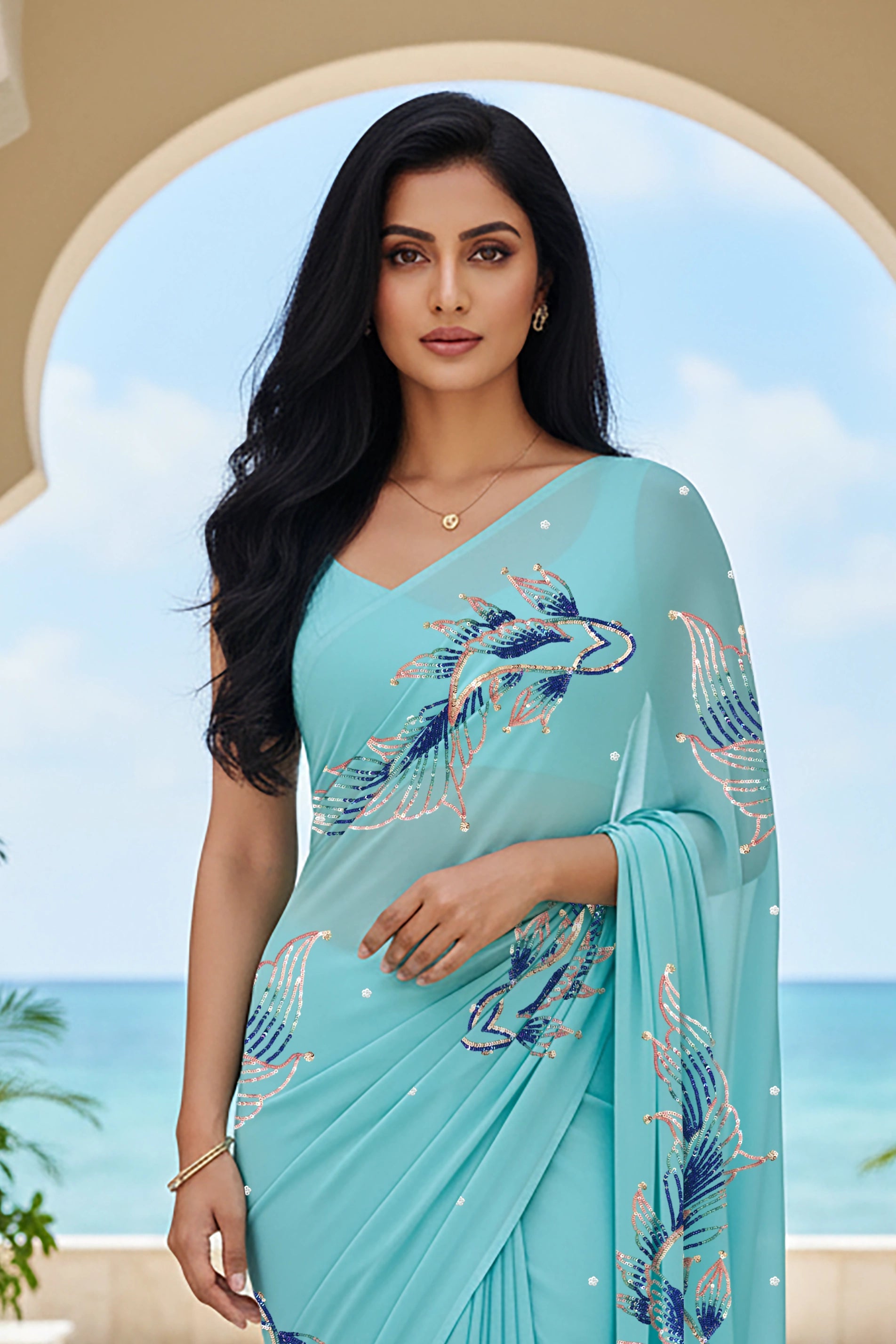 An Indian woman standing in a seaside hotel courtyard wearing sea green color chiffon saree embellished with blue, pink, cyan and sliver sequin of fish motifs by Umaid Couture.  
