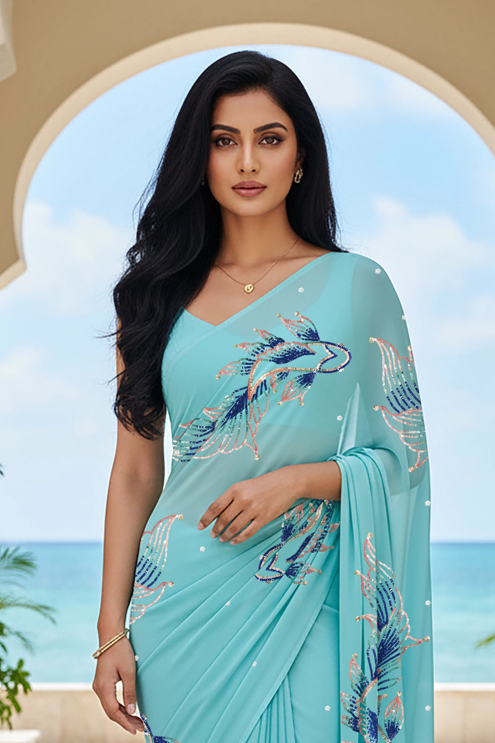 An Indian woman standing in a seaside hotel courtyard wearing sea green color chiffon saree embellished with blue, pink, cyan and sliver sequin of fish motifs by Umaid Couture.  
