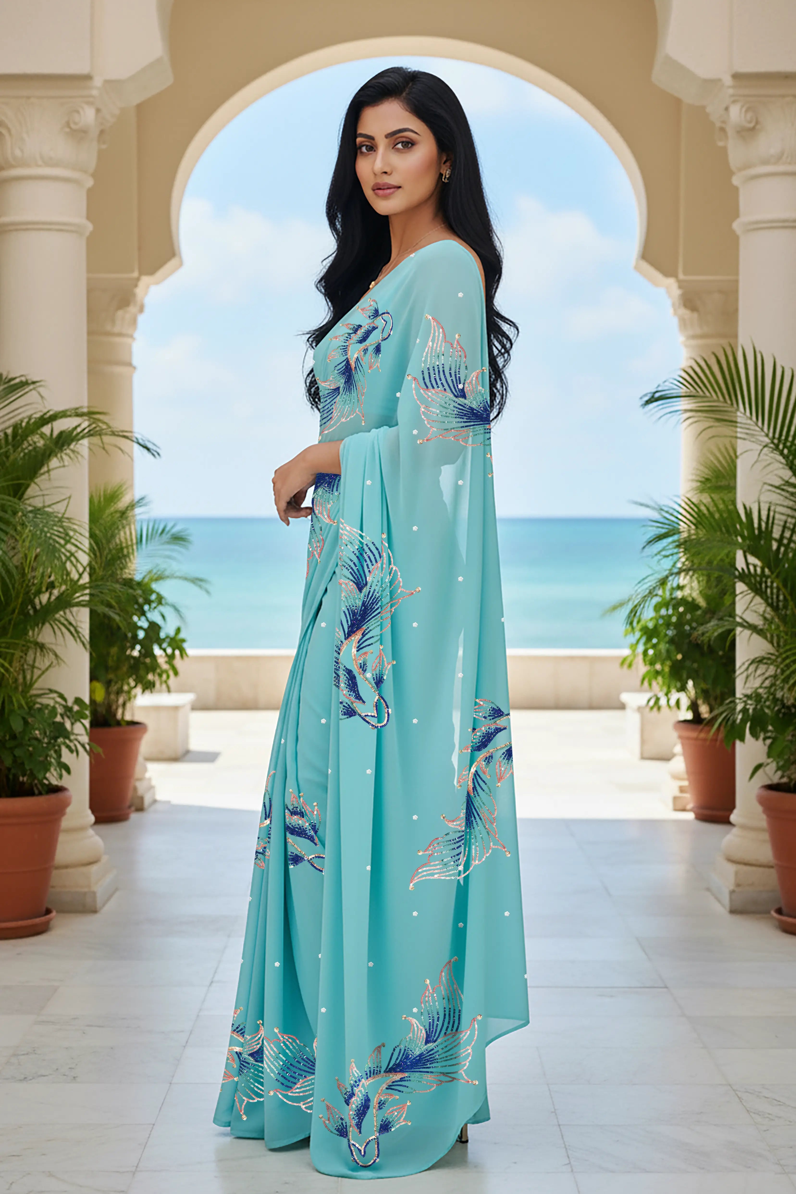 An Indian woman standing in a seaside hotel courtyard wearing sea green color chiffon saree embellished with blue, pink, cyan and sliver sequin of fish motifs by Umaid Couture.  
