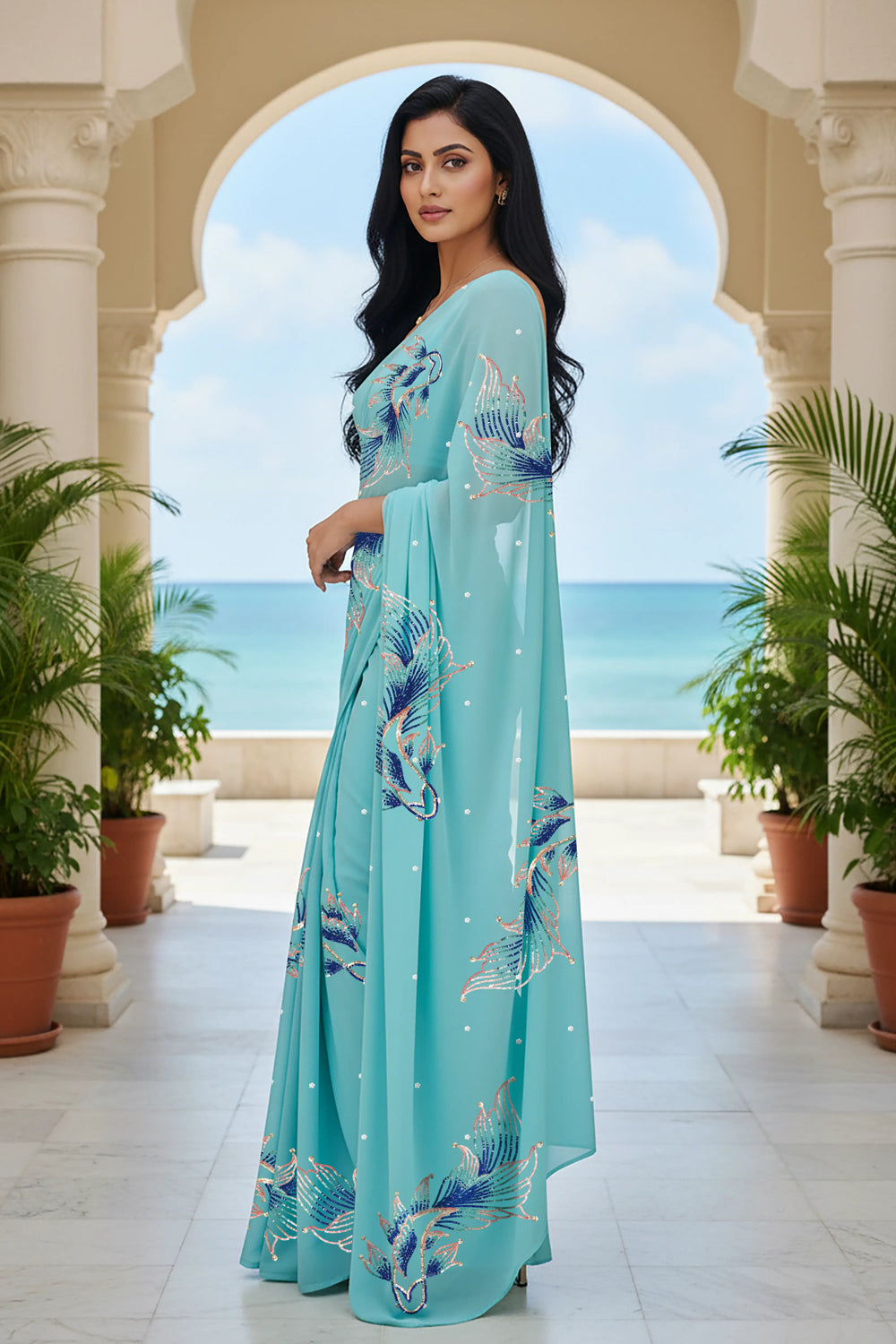 An Indian woman standing in a seaside hotel courtyard wearing sea green color chiffon saree embellished with blue, pink, cyan and sliver sequin of fish motifs by Umaid Couture.  

