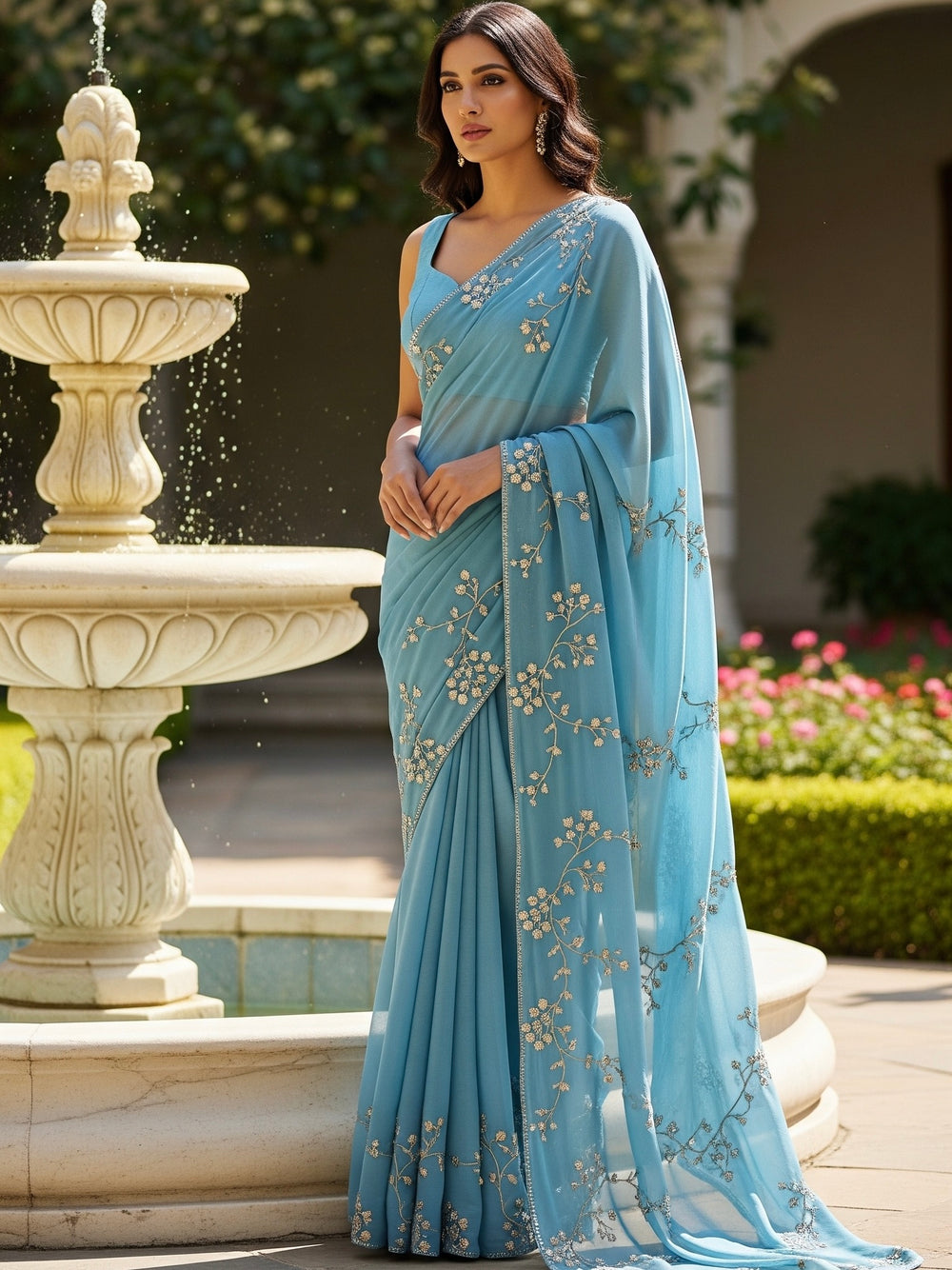 Model wearing Pearl Whispers Saree by Umaid Couture in shade of Blue standing in a garden Courtyard