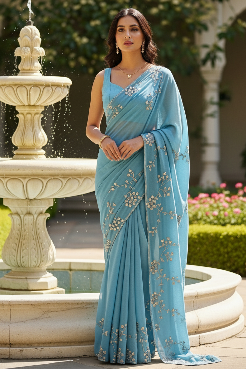Model wearing Pearl Whispers Saree by Umaid Couture in shade of Blue standing in a garden Courtyard