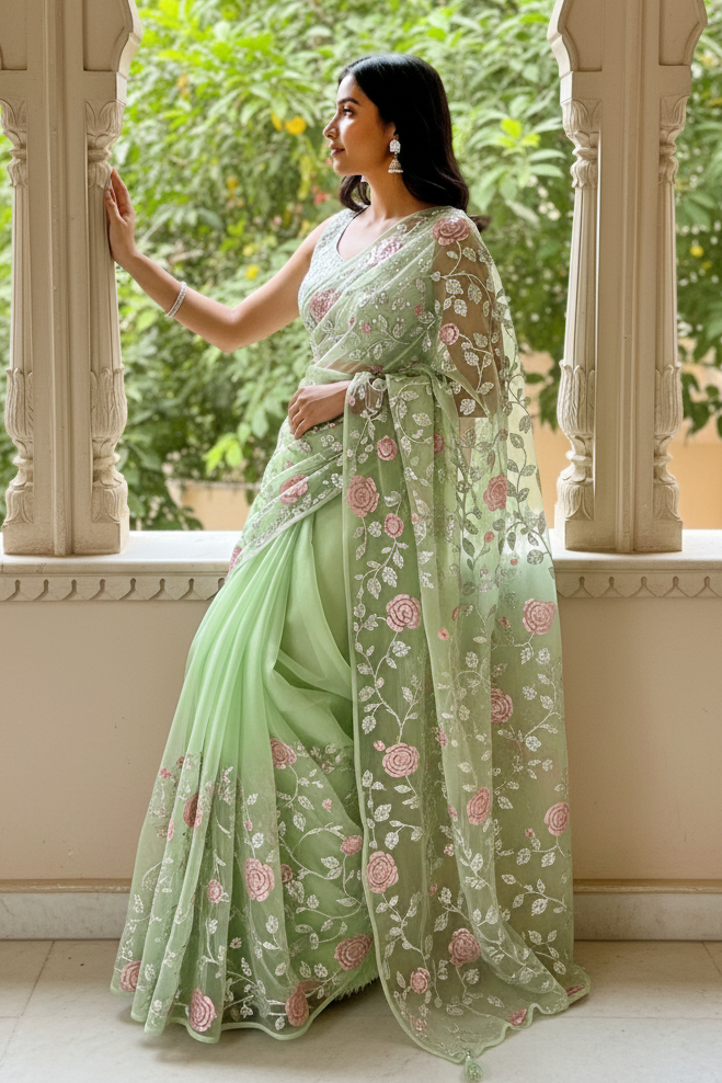 Woman in a light green saree with floral patterns by Umaid Couture seating in a decorative indoor setting.