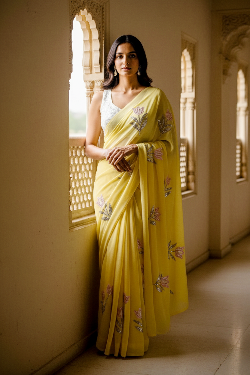 A model standing near a Jharokha wearing a trendy tulip yellow silk chiffon saree by Umaid Couture.