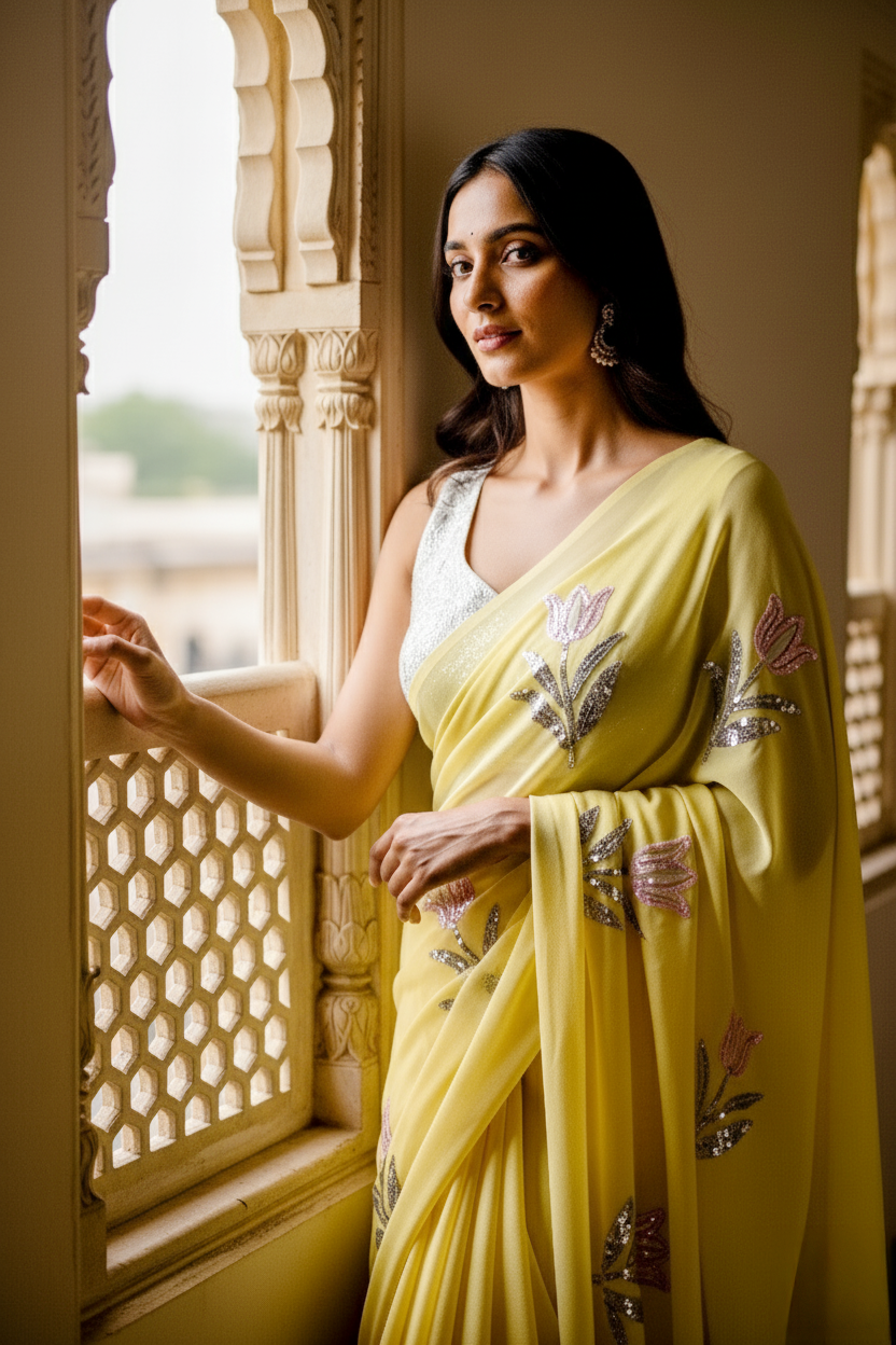 A model standing near a Jharokha wearing a trendy tulip yellow silk chiffon saree by Umaid Couture.