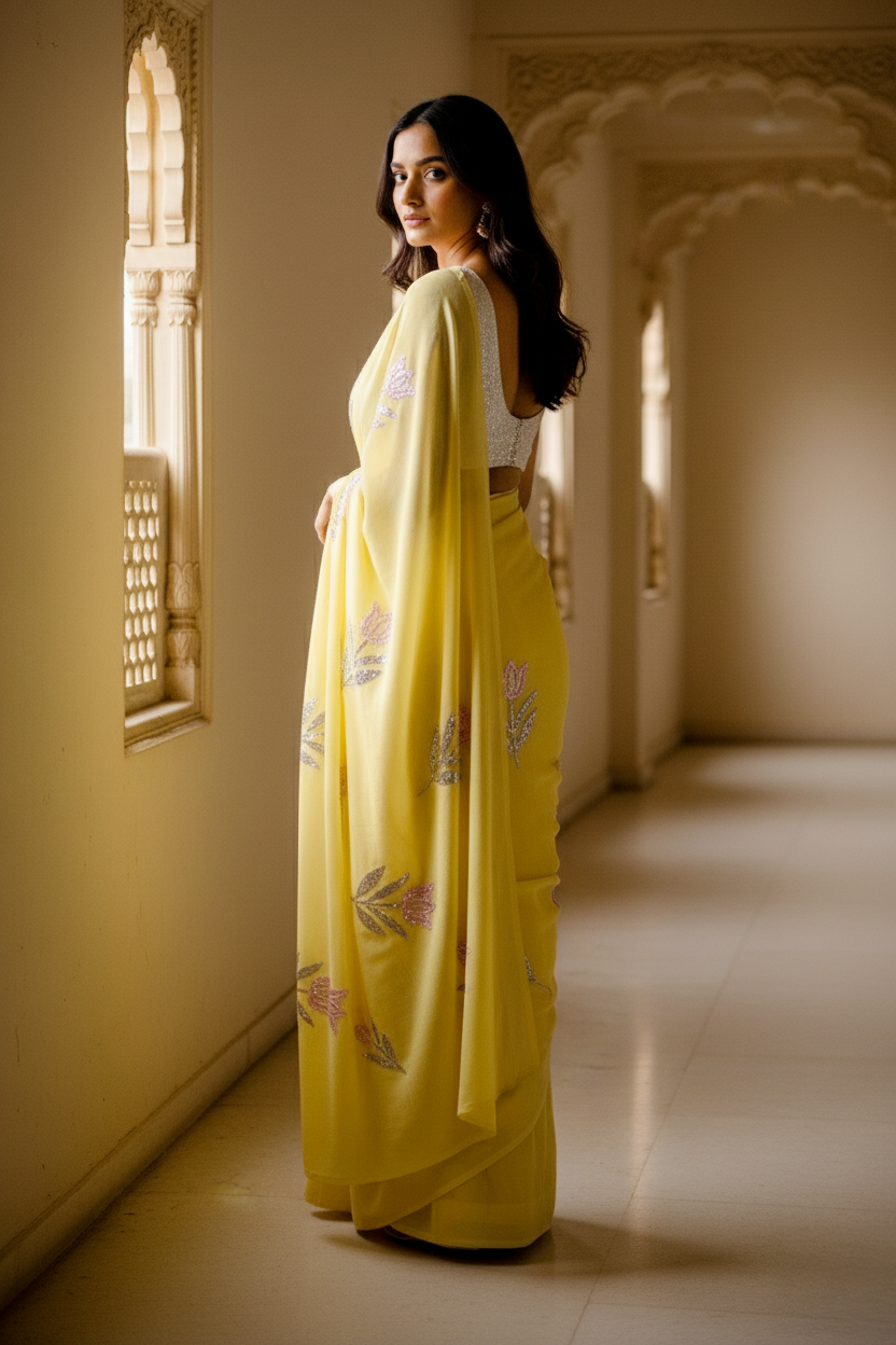 A model standing near a Jharokha wearing a trendy tulip yellow silk chiffon saree by Umaid Couture.
