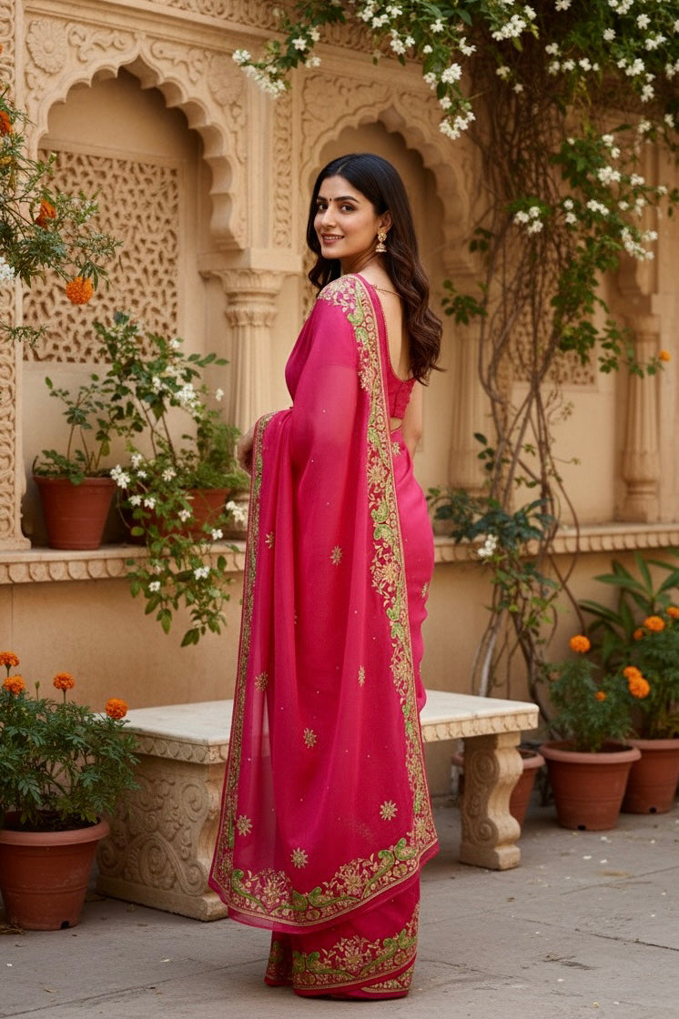 A model wearing the pretty parrot Aari-Zardosi handwork fuchsia saree by Umaid Couture, Standing gracefully in a garden courtyard