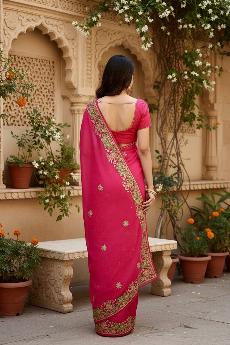 A model wearing the pretty parrot Aari-Zardosi handwork fuchsia saree by Umaid Couture, Standing gracefully in a garden courtyard