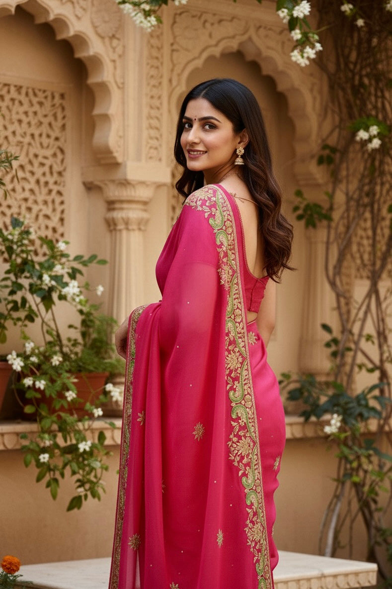 A model wearing the pretty parrot Aari-Zardosi handwork fuchsia saree by Umaid Couture, Standing gracefully in a garden courtyard