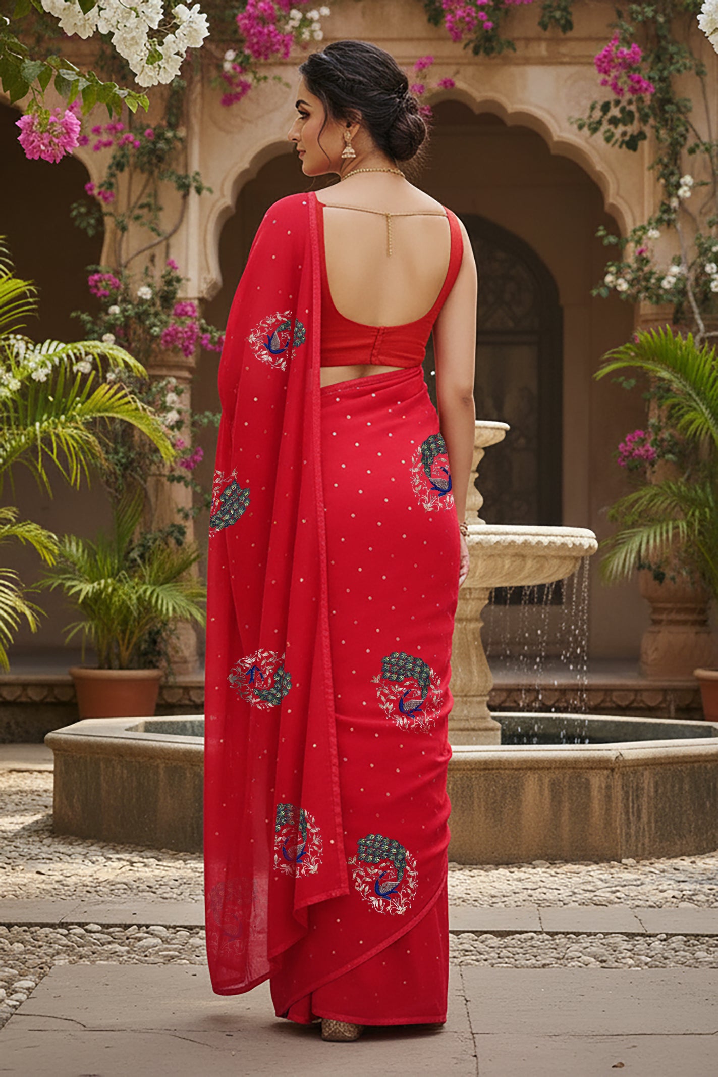 A model wearing a red peacock motifs saree by Umaid Couture standing in a Garden Courtyard.
