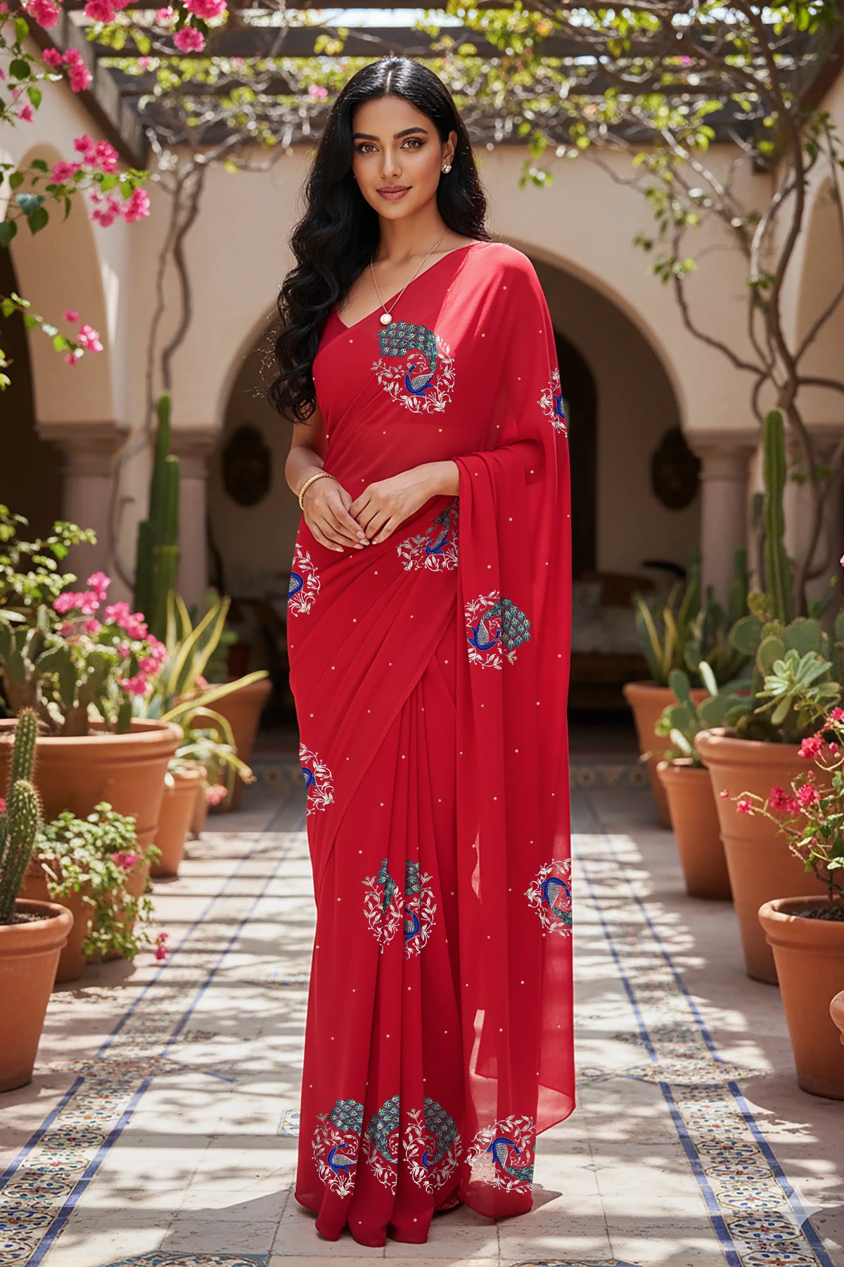 An Indian woman standing in a garden courtyard wearing a red chiffon saree embellished with stylised peacock motifs made with resham and silver, golden sequins by Umaid Couture. 