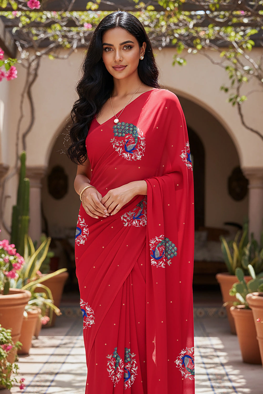 An Indian woman standing in a garden courtyard wearing a tomato red chiffon saree embellished with blue, sliver and green sequin of peacock motifs by Umaid Couture.  
